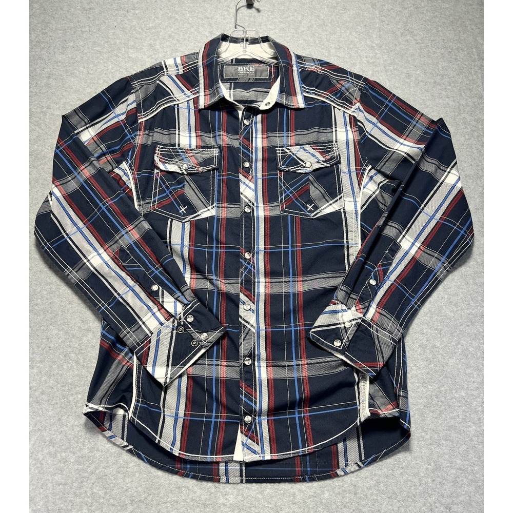 Buckle Men's  Pearl Snap Shirt Long Sleeve, Tailored Fit Sz L/M Western Plaid‎